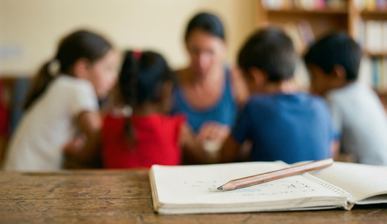 Enfants et intervenant travaillant à une table en soutien scolaire